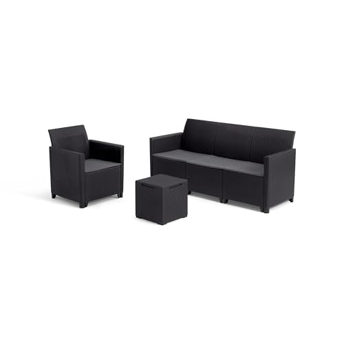 Keter Marie Outdoor Lounge Set | 2 Sofas + Vigo Storage Table + Cushions | Rattan-Effect Finish | Weatherproof Resin | 15-Min Easy Assembly | 3-Year Guarantee