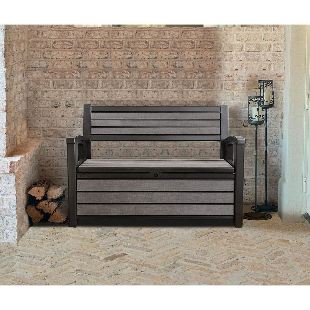 Keter Hudson 60 Gallon Capacity Plastic Resin Weather Resistant Outdoor Home Backyard Storage Bench/Deck Box Chest Patio Furniture, Gray