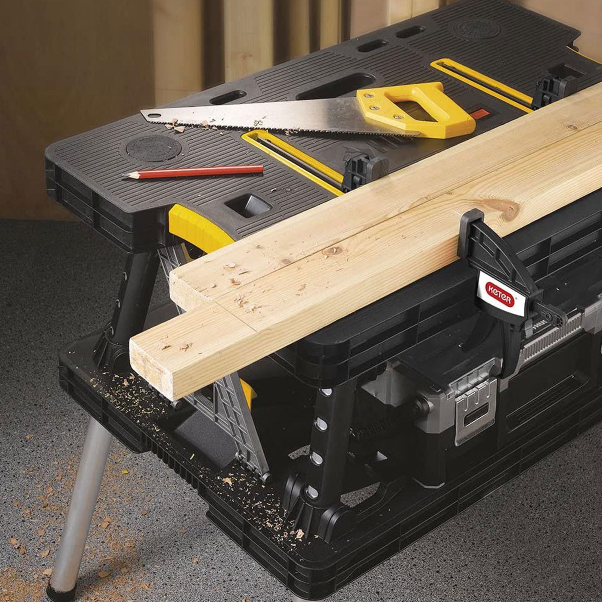 Keter Folding Work Table, Portable Workbench w/ 12" Clamps for Garage/Wood Shop